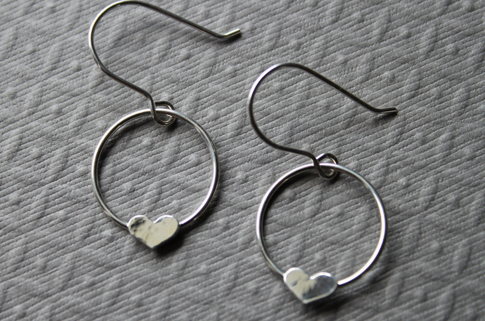 Sterling Circle with Heart dangle earrings  - handcrafted