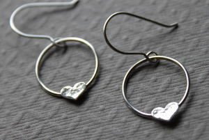 Sterling Circle with Heart dangle earrings  - handcrafted