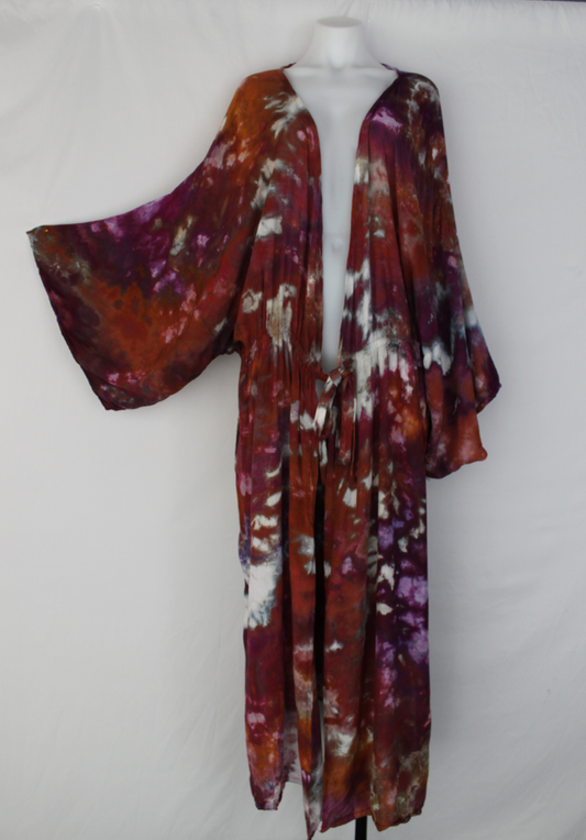 Long tie front Kimono Duster - size 3X - Dark Jewels crinkle